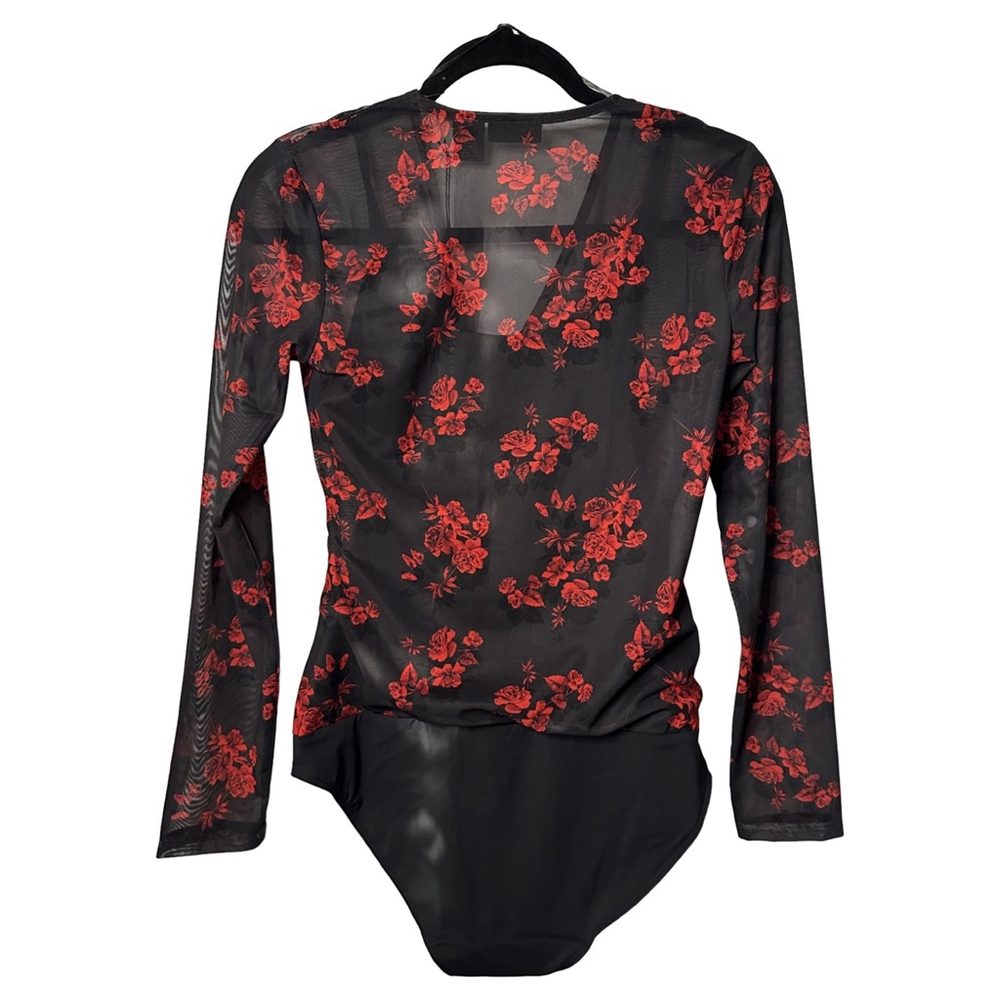 Women's Tahari Black Red Floral Mesh Long Sleeve Bodysuit S - Picture 3 of 6